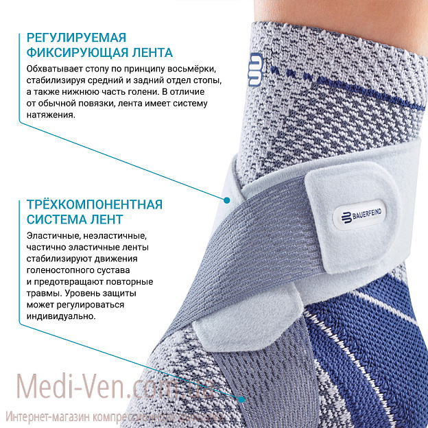Активный бандаж GenuTrain Bauerfeind MalleoTrain - Бандаж GenuTrain Bauerfeind MalleoTrain с двумя анатомическими вставками MalleoPads для поддержки и мышечной стабилизации голеностопного сустава - Германия